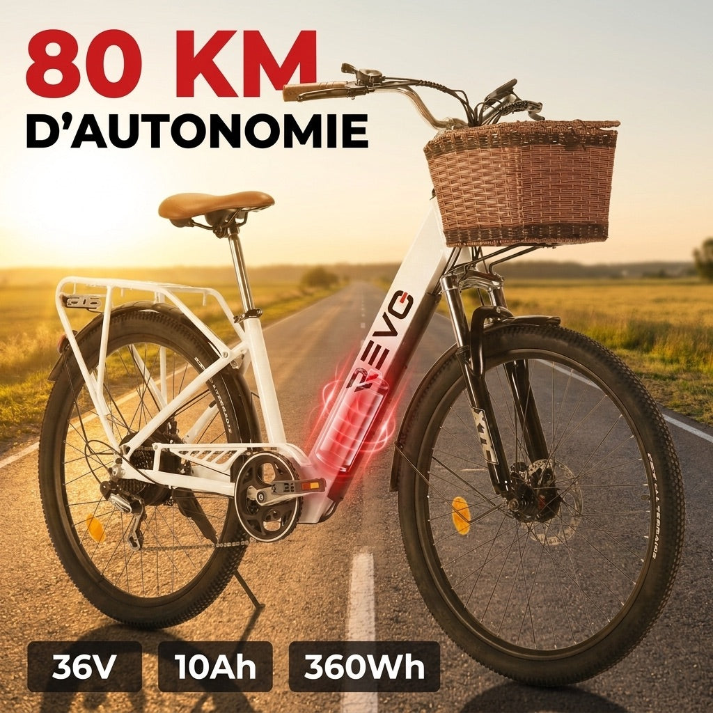 Vélo Électrique REVO Citya – 250 W – Autonomie 80 km – Batterie 36 V 10 Ah – 26" – Panier & Porte-Bagages