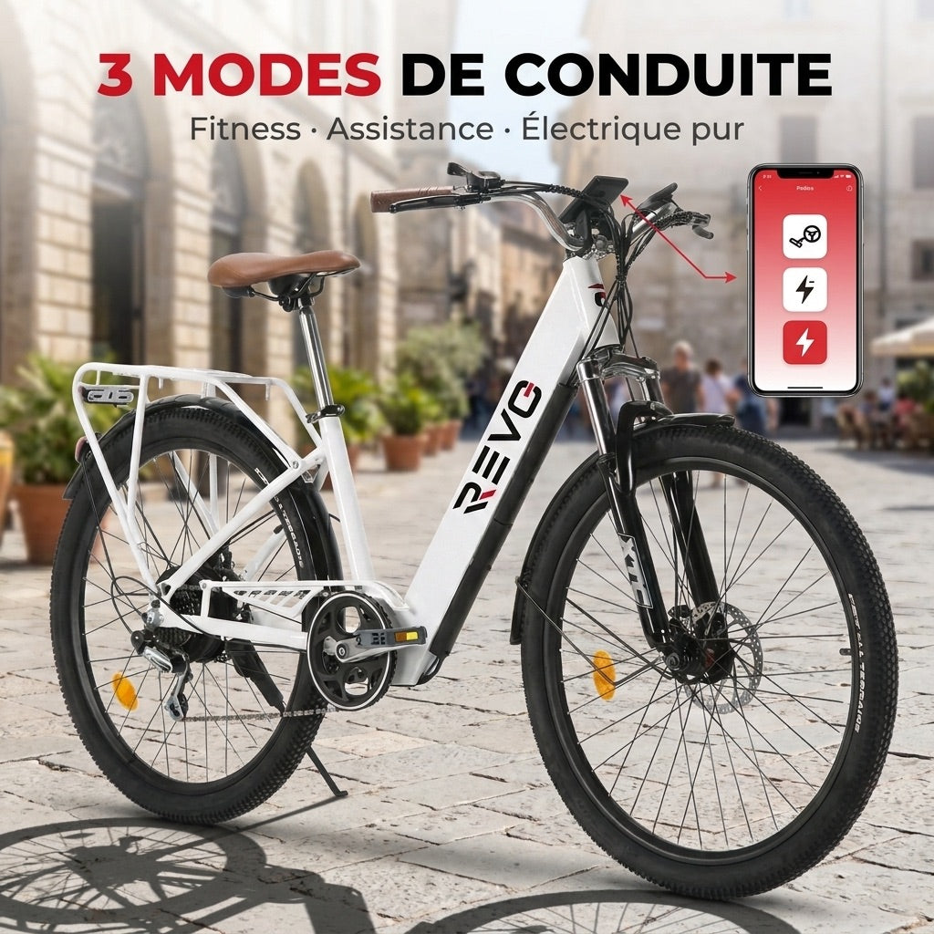 Vélo Électrique REVO Citya – 250 W – Autonomie 80 km – Batterie 36 V 10 Ah – 26" – Panier & Porte-Bagages