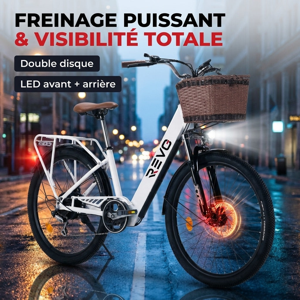 Vélo Électrique REVO Citya – 250 W – Autonomie 80 km – Batterie 36 V 10 Ah – 26" – Panier & Porte-Bagages