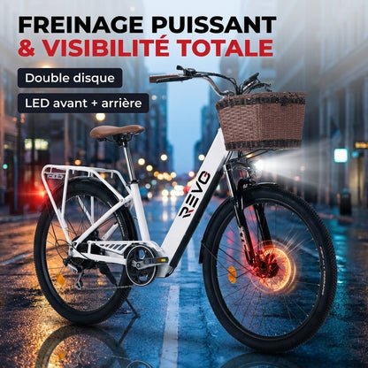Vélo Électrique REVO Citya – 250 W – Autonomie 80 km – Batterie 36 V 10 Ah – 26" – Panier & Porte-Bagages
