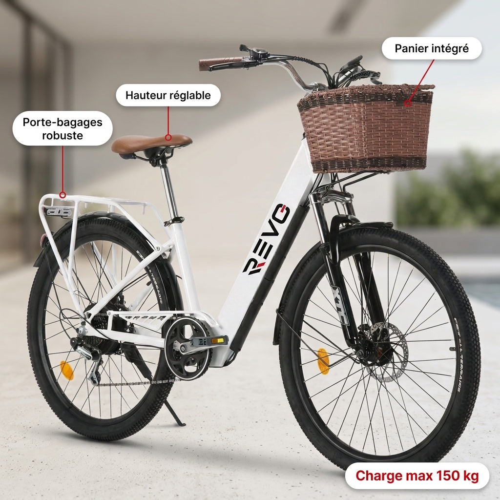 Vélo Électrique REVO Citya – 250 W – Autonomie 80 km – Batterie 36 V 10 Ah – 26" – Panier & Porte-Bagages