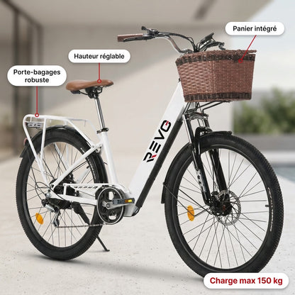 Vélo Électrique REVO Citya – 250 W – Autonomie 80 km – Batterie 36 V 10 Ah – 26" – Panier & Porte-Bagages