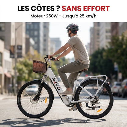 Vélo Électrique REVO Citya – 250 W – Autonomie 80 km – Batterie 36 V 10 Ah – 26" – Panier & Porte-Bagages