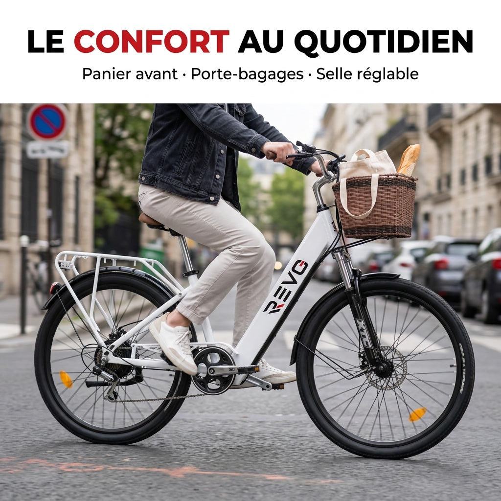 Vélo Électrique REVO Citya – 250 W – Autonomie 80 km – Batterie 36 V 10 Ah – 26" – Panier & Porte-Bagages