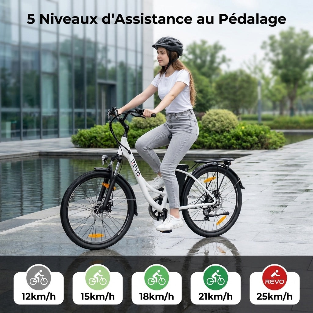 Vélo Électrique REVO CityFlow – 250 W – Autonomie 90 km – Batterie 561,6 Wh – Shimano 7 Vitesses – Roues 26"