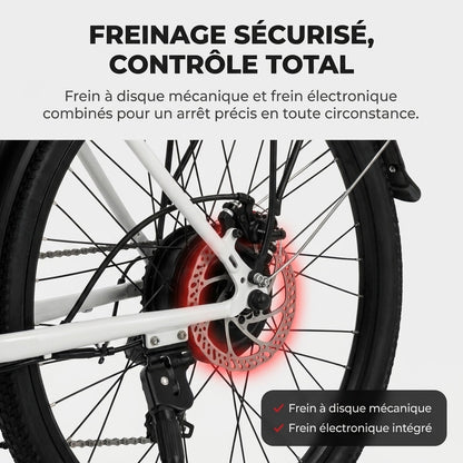 Vélo Électrique REVO CityFlow – 250 W – Autonomie 90 km – Batterie 561,6 Wh – Shimano 7 Vitesses – Roues 26"