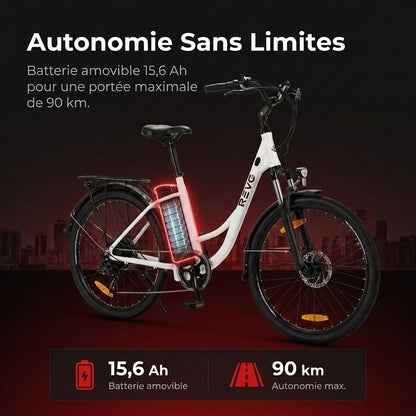 Vélo Électrique REVO CityFlow – 250 W – Autonomie 90 km – Batterie 561,6 Wh – Shimano 7 Vitesses – Roues 26"