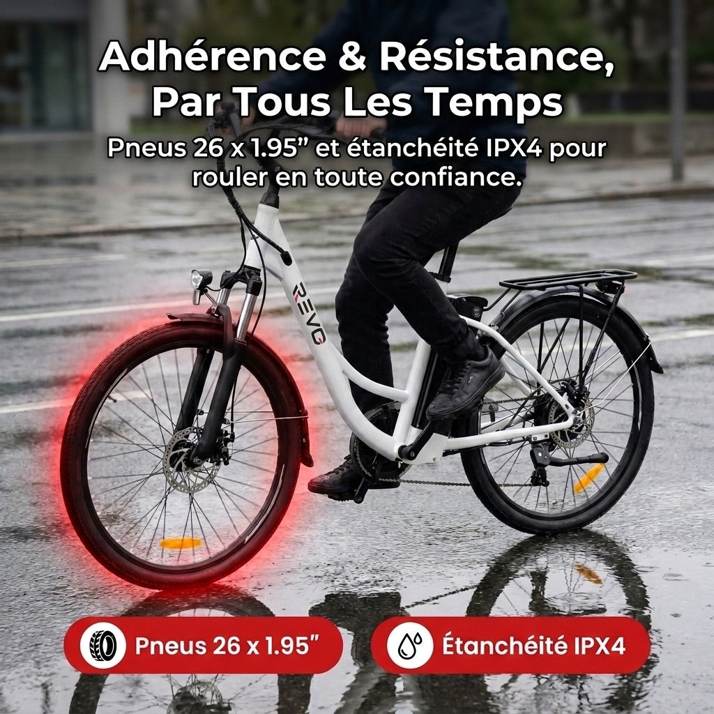 Vélo Électrique REVO CityFlow – 250 W – Autonomie 90 km – Batterie 561,6 Wh – Shimano 7 Vitesses – Roues 26"