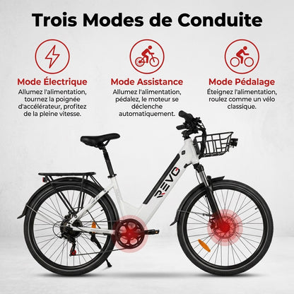 Vélo Électrique REVO Metro – 26″ – Moteur 500 W – Batterie 36 V 15 Ah – Shimano 7 Vitesses – Fourche Suspendue
