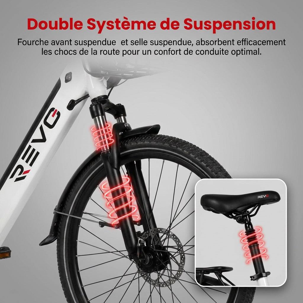 Vélo Électrique REVO Metro – 26″ – Moteur 500 W – Batterie 36 V 15 Ah – Shimano 7 Vitesses – Fourche Suspendue