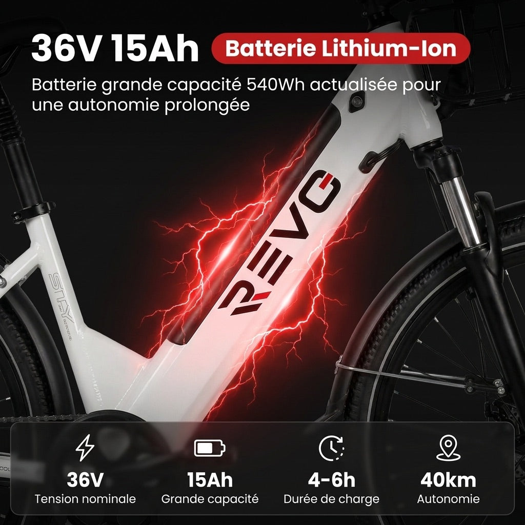 Vélo Électrique REVO Metro – 26″ – Moteur 500 W – Batterie 36 V 15 Ah – Shimano 7 Vitesses – Fourche Suspendue