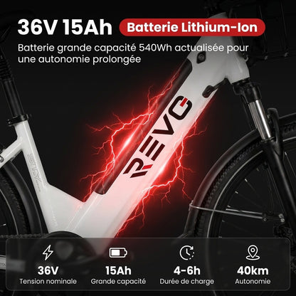 Vélo Électrique REVO Metro – 26″ – Moteur 500 W – Batterie 36 V 15 Ah – Shimano 7 Vitesses – Fourche Suspendue