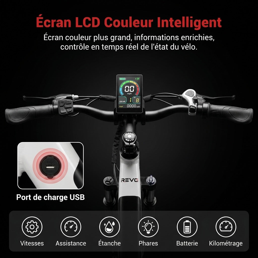 Vélo Électrique REVO Metro – 26″ – Moteur 500 W – Batterie 36 V 15 Ah – Shimano 7 Vitesses – Fourche Suspendue