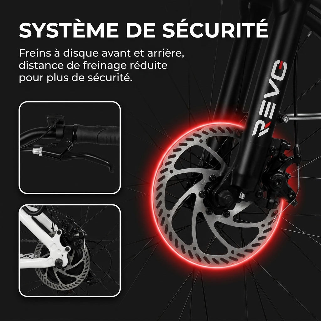 Vélo Électrique REVO Metro – 26″ – Moteur 500 W – Batterie 36 V 15 Ah – Shimano 7 Vitesses – Fourche Suspendue