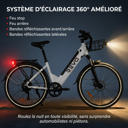 Vélo Électrique REVO Metro – 26″ – Moteur 500 W – Batterie 36 V 15 Ah – Shimano 7 Vitesses – Fourche Suspendue