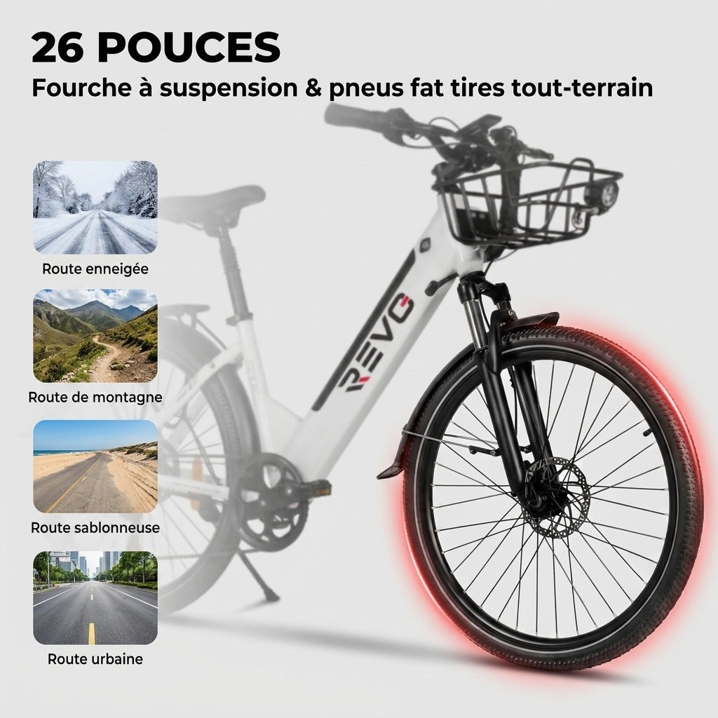 Vélo Électrique REVO Metro – 26″ – Moteur 500 W – Batterie 36 V 15 Ah – Shimano 7 Vitesses – Fourche Suspendue