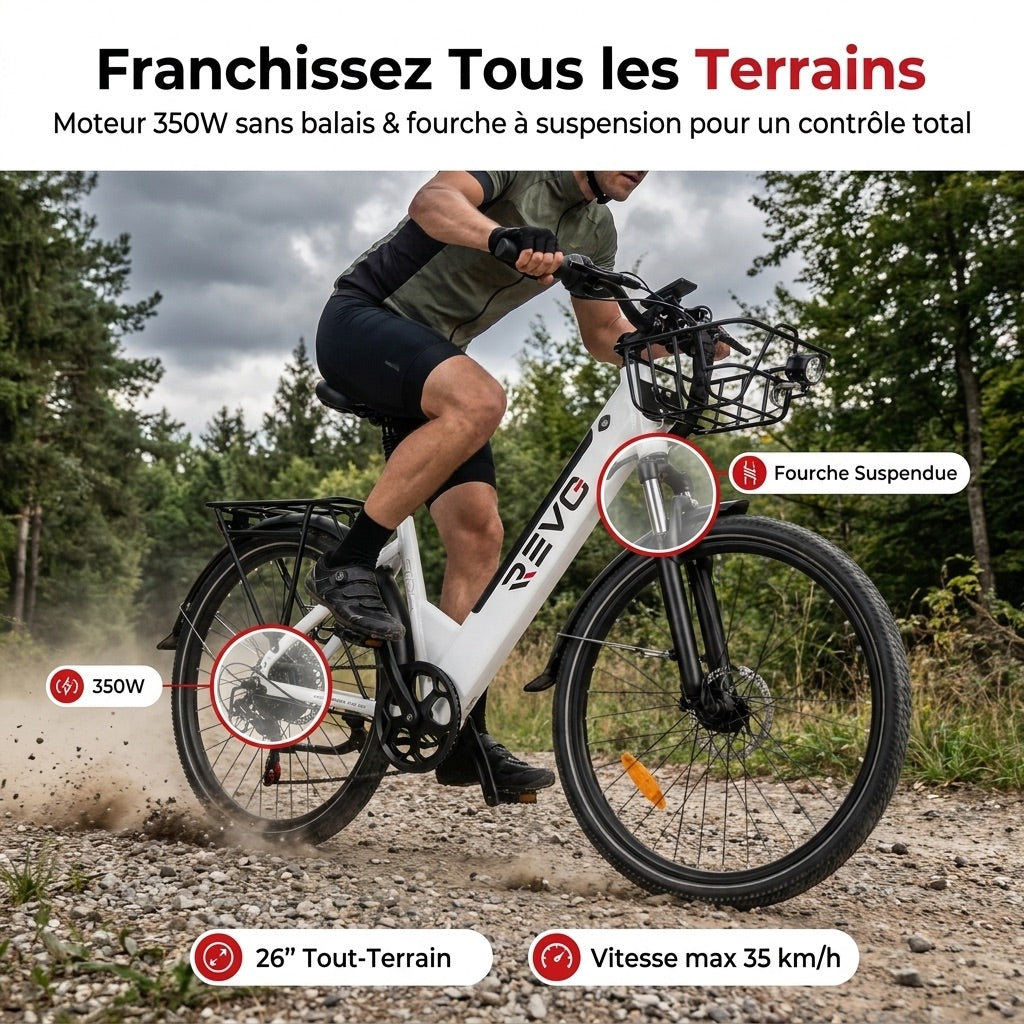 Vélo Électrique REVO Metro – 26″ – Moteur 500 W – Batterie 36 V 15 Ah – Shimano 7 Vitesses – Fourche Suspendue