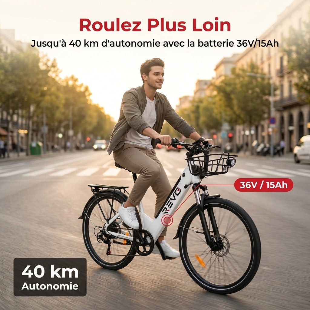 Vélo Électrique REVO Metro – 26″ – Moteur 500 W – Batterie 36 V 15 Ah – Shimano 7 Vitesses – Fourche Suspendue