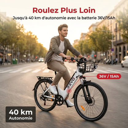 Vélo Électrique REVO Metro – 26″ – Moteur 500 W – Batterie 36 V 15 Ah – Shimano 7 Vitesses – Fourche Suspendue