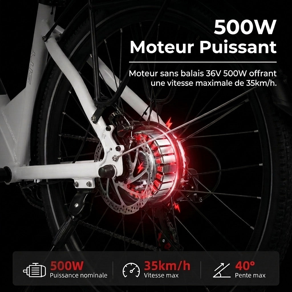 Vélo Électrique REVO Metro – 26″ – Moteur 500 W – Batterie 36 V 15 Ah – Shimano 7 Vitesses – Fourche Suspendue