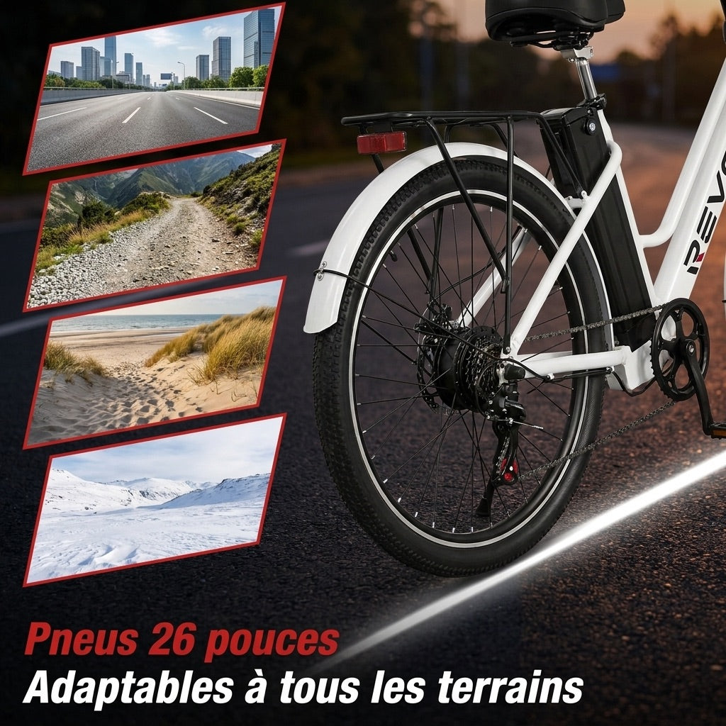 Vélo Électrique REVO Nomad 26″ – Moteur 250W – Autonomie 35–90 km – Batterie Amovible 36V 10,4Ah – 7 Vitesses – Freins à Disque