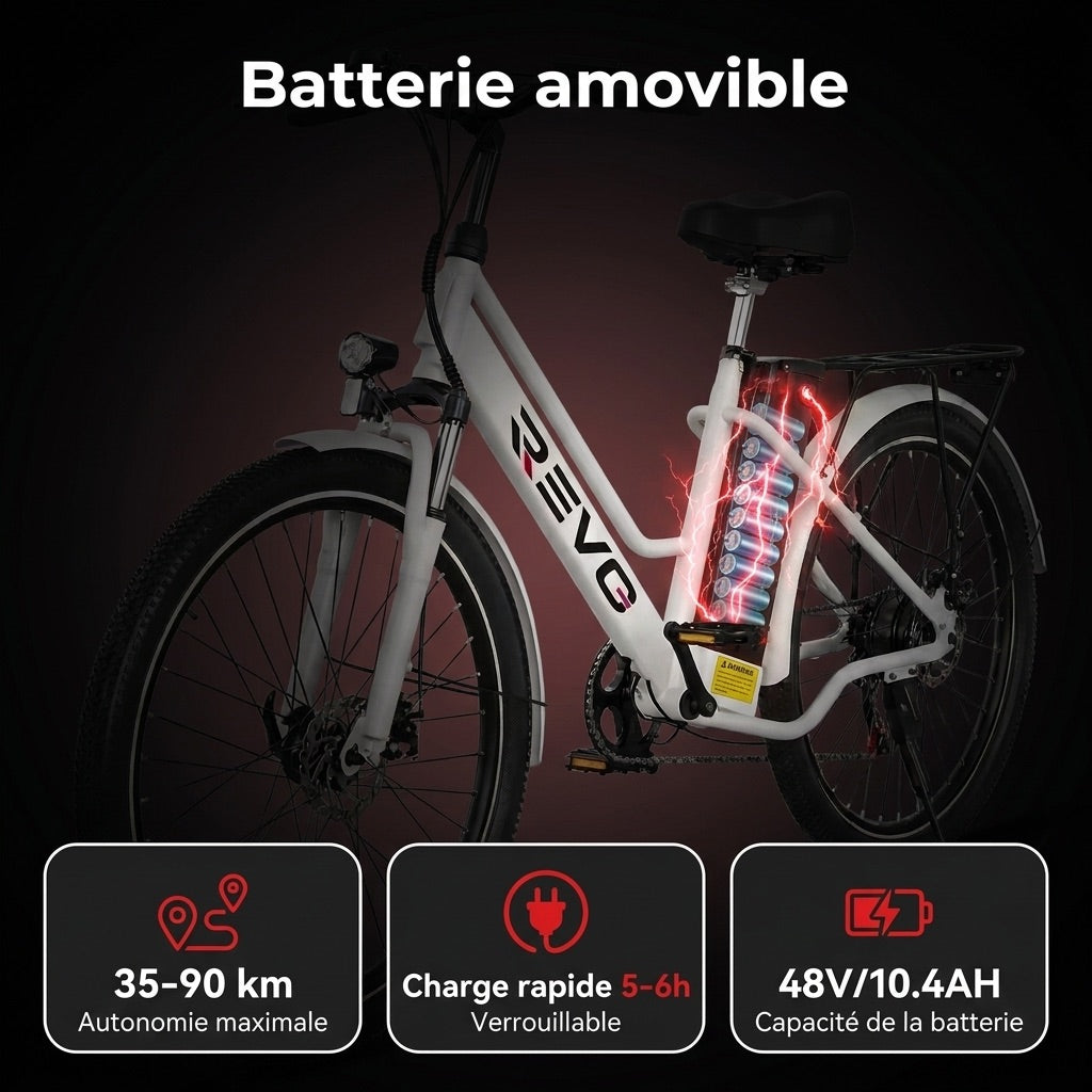 Vélo Électrique REVO Nomad 26″ – Moteur 250W – Autonomie 35–90 km – Batterie Amovible 36V 10,4Ah – 7 Vitesses – Freins à Disque