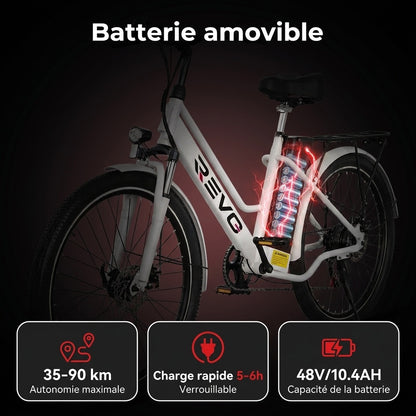 Vélo Électrique REVO Nomad 26″ – Moteur 250W – Autonomie 35–90 km – Batterie Amovible 36V 10,4Ah – 7 Vitesses – Freins à Disque