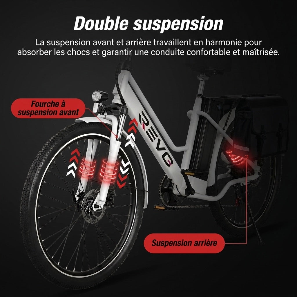 Vélo Électrique REVO Nomad 26″ – Moteur 250W – Autonomie 35–90 km – Batterie Amovible 36V 10,4Ah – 7 Vitesses – Freins à Disque