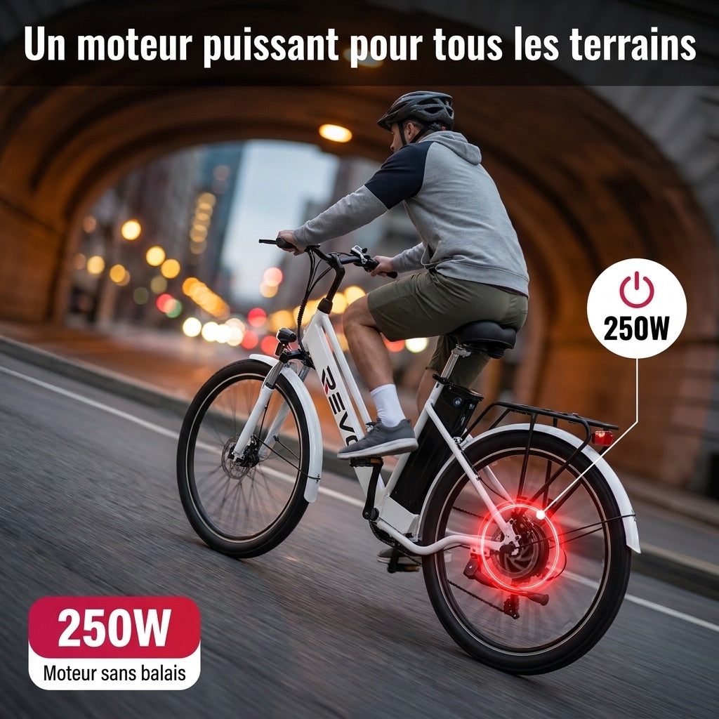 Vélo Électrique REVO Nomad 26″ – Moteur 250W – Autonomie 35–90 km – Batterie Amovible 36V 10,4Ah – 7 Vitesses – Freins à Disque