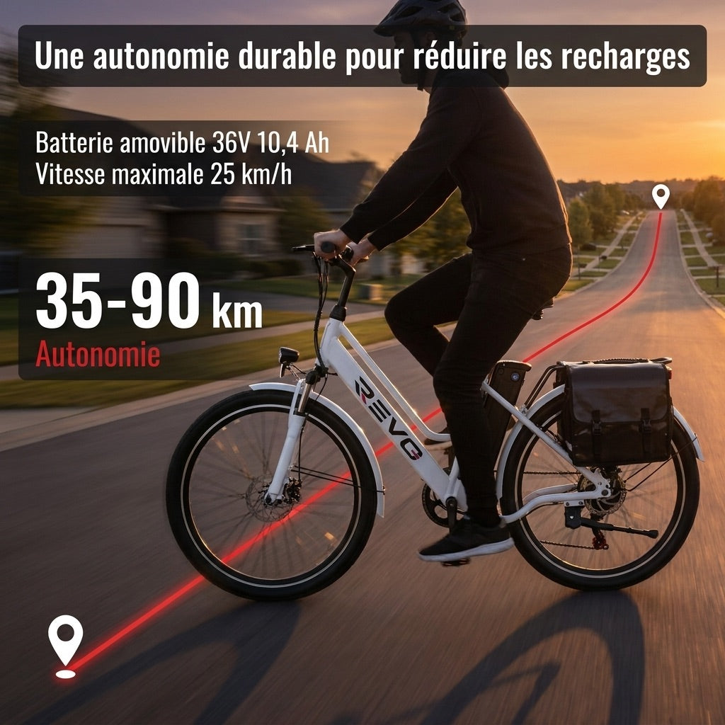Vélo Électrique REVO Nomad 26″ – Moteur 250W – Autonomie 35–90 km – Batterie Amovible 36V 10,4Ah – 7 Vitesses – Freins à Disque