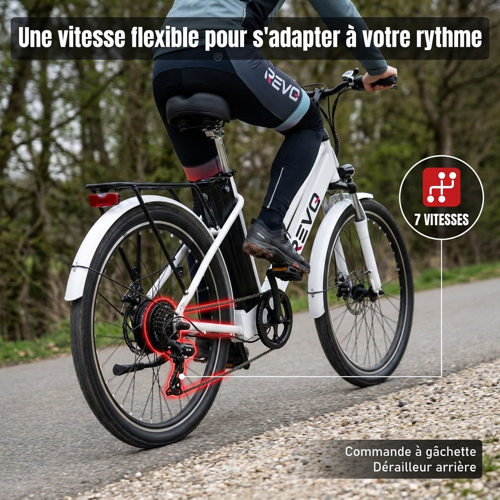 Vélo Électrique REVO Nomad 26″ – Moteur 250W – Autonomie 35–90 km – Batterie Amovible 36V 10,4Ah – 7 Vitesses – Freins à Disque