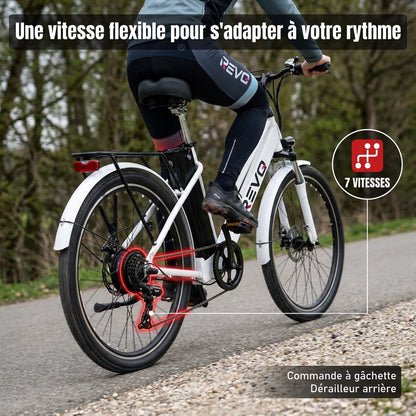 Vélo Électrique REVO Nomad 26″ – Moteur 250W – Autonomie 35–90 km – Batterie Amovible 36V 10,4Ah – 7 Vitesses – Freins à Disque