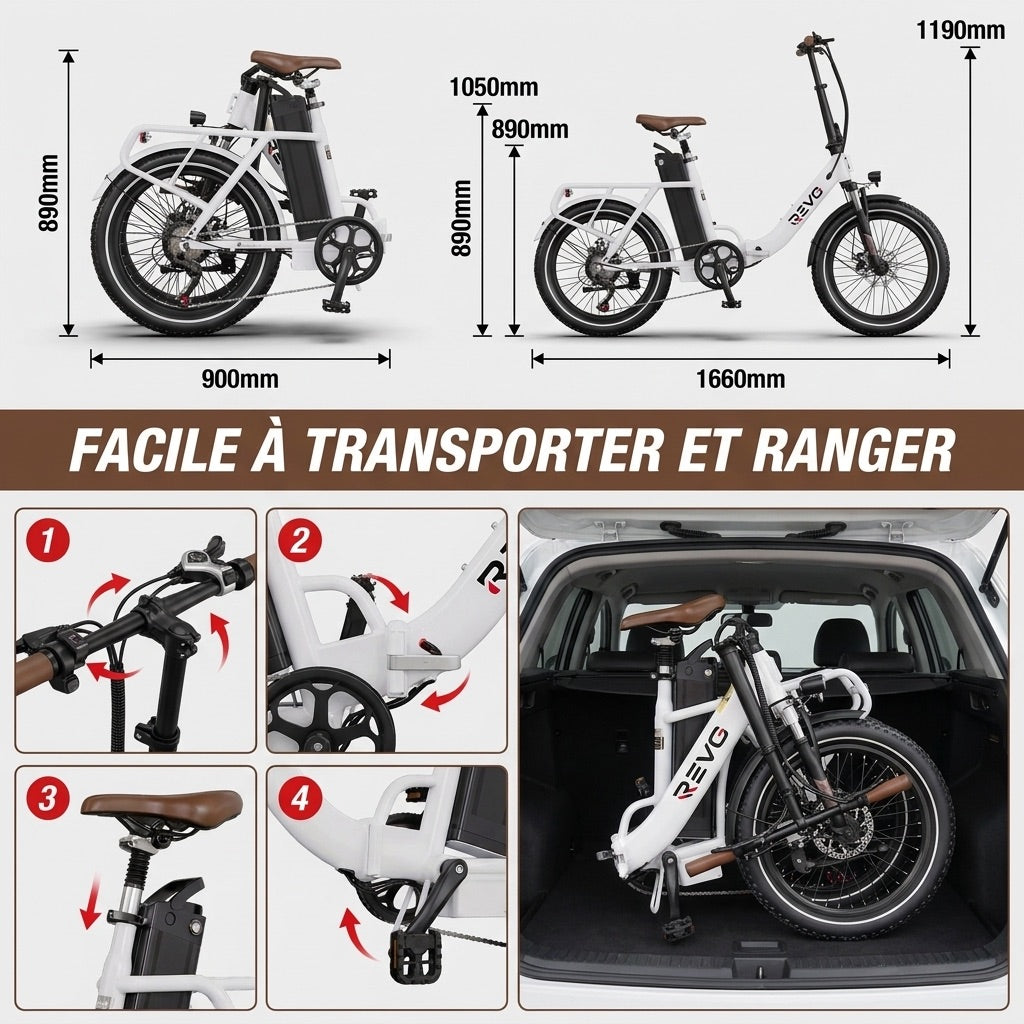 Vélo Électrique Pliable REVO Flex – 250W – Batterie 48V 17Ah – Autonomie jusqu’à 120 km – Pneus 20″ x 3.0″