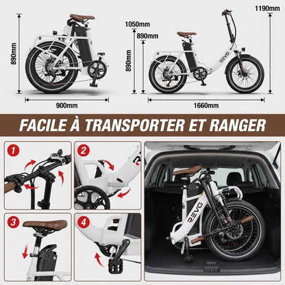 Vélo Électrique Pliable REVO Flex – 250W – Batterie 48V 17Ah – Autonomie jusqu’à 120 km – Pneus 20″ x 3.0″