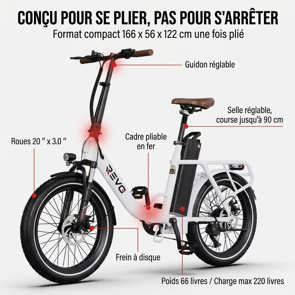 Vélo Électrique Pliable REVO Flex – 250W – Batterie 48V 17Ah – Autonomie jusqu’à 120 km – Pneus 20″ x 3.0″