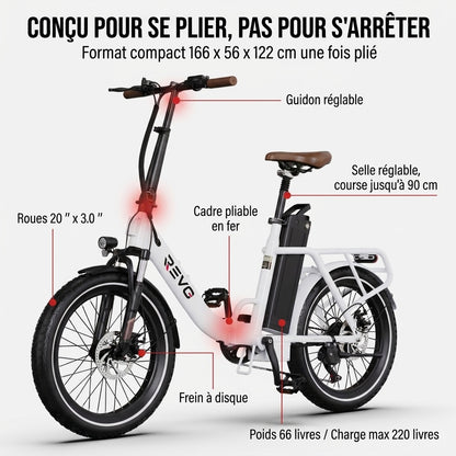 Vélo Électrique Pliable REVO Flex – 250W – Batterie 48V 17Ah – Autonomie jusqu’à 120 km – Pneus 20″ x 3.0″