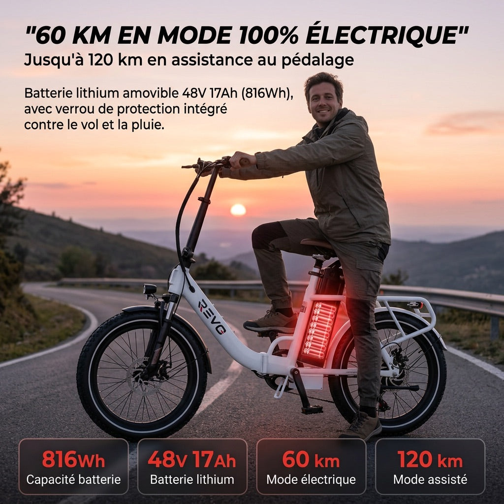 Vélo Électrique Pliable REVO Flex – 250W – Batterie 48V 17Ah – Autonomie jusqu’à 120 km – Pneus 20″ x 3.0″