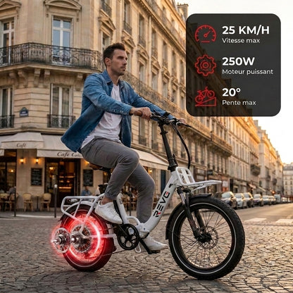 Vélo Électrique Pliable REVO Flex – 250W – Batterie 48V 17Ah – Autonomie jusqu’à 120 km – Pneus 20″ x 3.0″