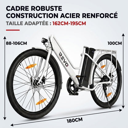 Vélo Électrique REVO Avenue 26″ – Moteur 250W – Batterie Amovible 36V 8,4Ah – Autonomie jusqu’à 70 km – Freins à Disque