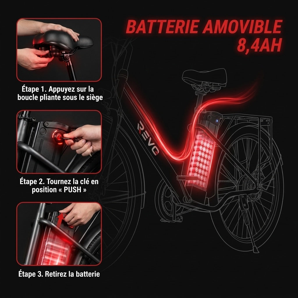 Vélo Électrique REVO Avenue 26″ – Moteur 250W – Batterie Amovible 36V 8,4Ah – Autonomie jusqu’à 70 km – Freins à Disque