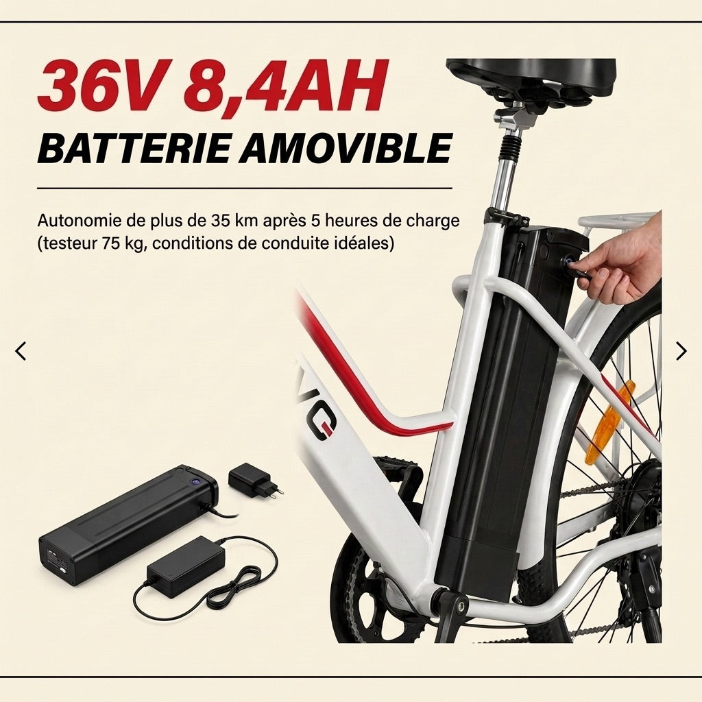 Vélo Électrique REVO Avenue 26″ – Moteur 250W – Batterie Amovible 36V 8,4Ah – Autonomie jusqu’à 70 km – Freins à Disque