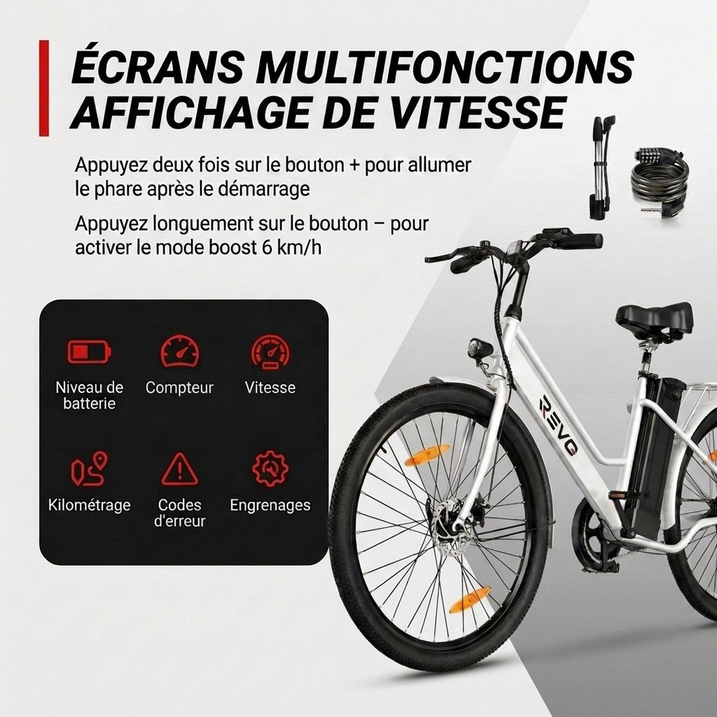 Vélo Électrique REVO Avenue 26″ – Moteur 250W – Batterie Amovible 36V 8,4Ah – Autonomie jusqu’à 70 km – Freins à Disque
