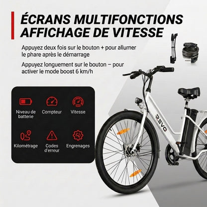 Vélo Électrique REVO Avenue 26″ – Moteur 250W – Batterie Amovible 36V 8,4Ah – Autonomie jusqu’à 70 km – Freins à Disque