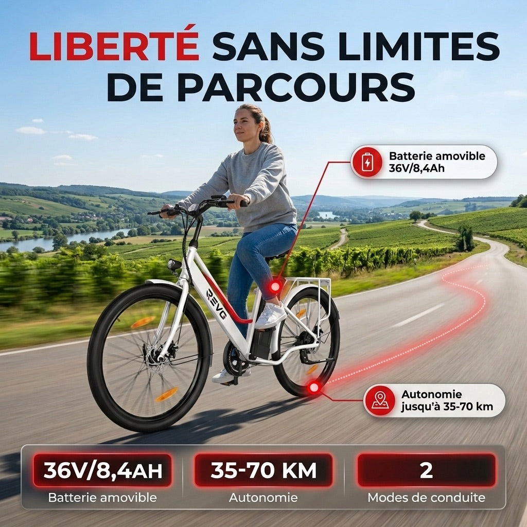 Vélo Électrique REVO Avenue 26″ – Moteur 250W – Batterie Amovible 36V 8,4Ah – Autonomie jusqu’à 70 km – Freins à Disque
