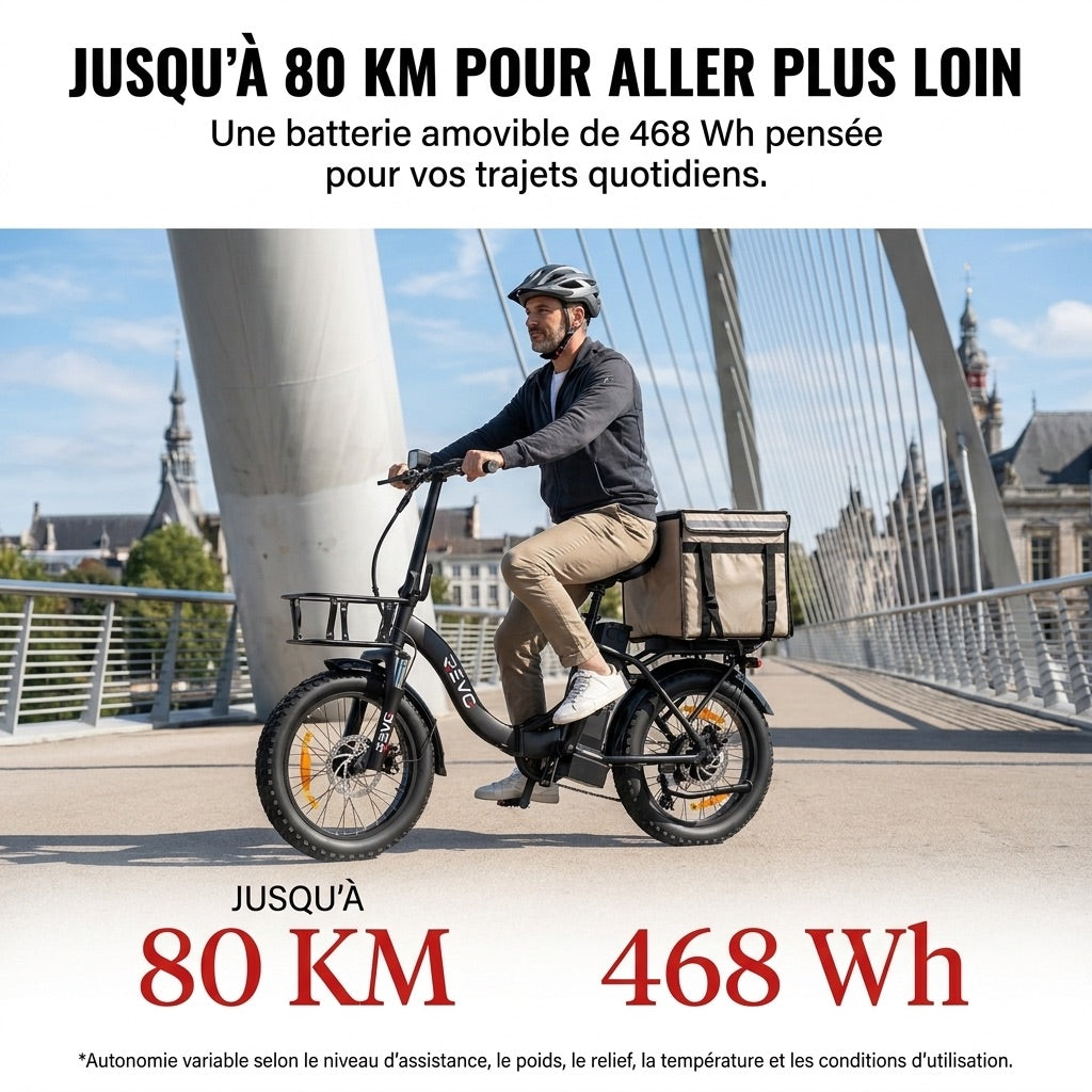 Vélo Électrique Pliable REVO Cargo – 250 W – Autonomie jusqu’à 80 km – Batterie 468 Wh – Pneus Fat 20 × 3.0″