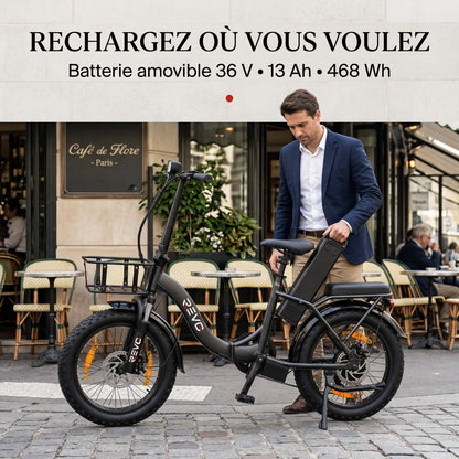 Vélo Électrique Pliable REVO Cargo – 250 W – Autonomie jusqu’à 80 km – Batterie 468 Wh – Pneus Fat 20 × 3.0″