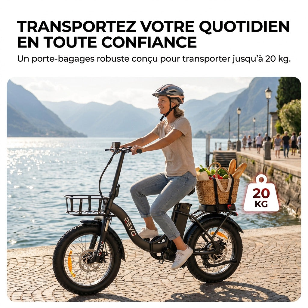 Vélo Électrique Pliable REVO Cargo – 250 W – Autonomie jusqu’à 80 km – Batterie 468 Wh – Pneus Fat 20 × 3.0″