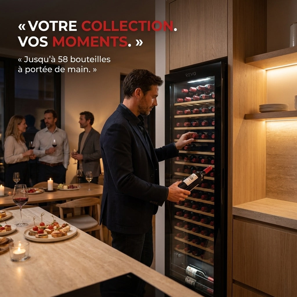 Cave à Vin REVO Cellar 58 – 58 Bouteilles – Monozone 5°C à 20°C – Verre Anti-UV – 37 dB – Wi-Fi