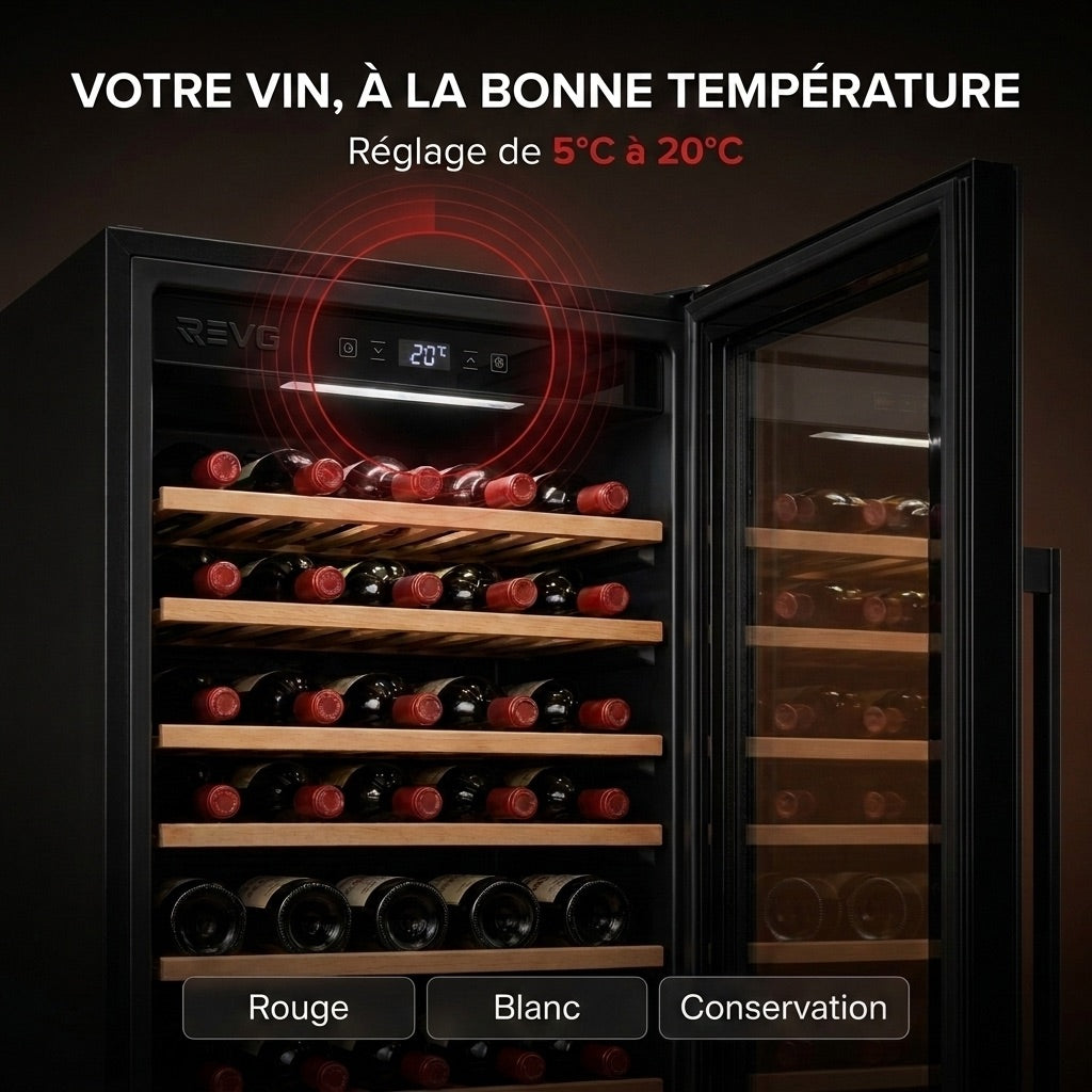 Cave à Vin REVO Cellar 58 – 58 Bouteilles – Monozone 5°C à 20°C – Verre Anti-UV – 37 dB – Wi-Fi