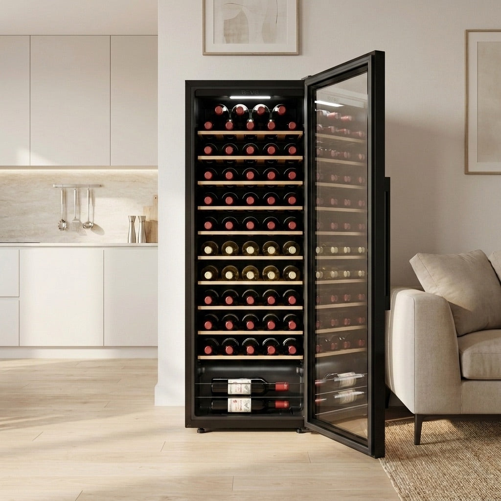 Cave à Vin REVO Cellar 58 – 58 Bouteilles – Monozone 5°C à 20°C – Verre Anti-UV – 37 dB – Wi-Fi